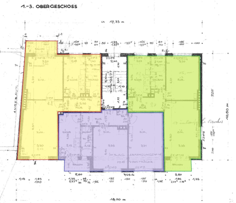 Mahrfamilienhaus mit Gewerbeanbau - Grundriss 1-3 Obergeschoss ges