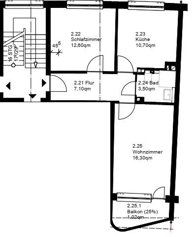 Grundriss 1.OG rechts - Vollständig sanierte 2-Zimmer-Wohnung mit Balkon in ruhige Lage zum Eilbekkanal